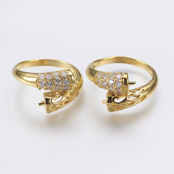 Brass Finger Cup Peg Ring Settings, with Cubic Zirconia, For Half Drilled Beads, Lead Free & Cadmium Free & Nickel Free, Size 8