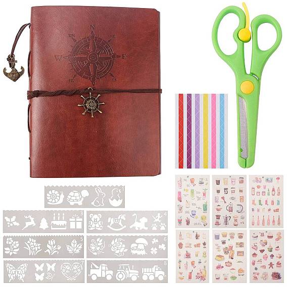 Gorgecraft DIY Photo Kits, with Leather Scrapbook Photo Album, Stainless Steel & ABS Plastic Scissors, Plastic Drawing Painting Stencils Templates & Scrapbook and Paper Picture Stickers