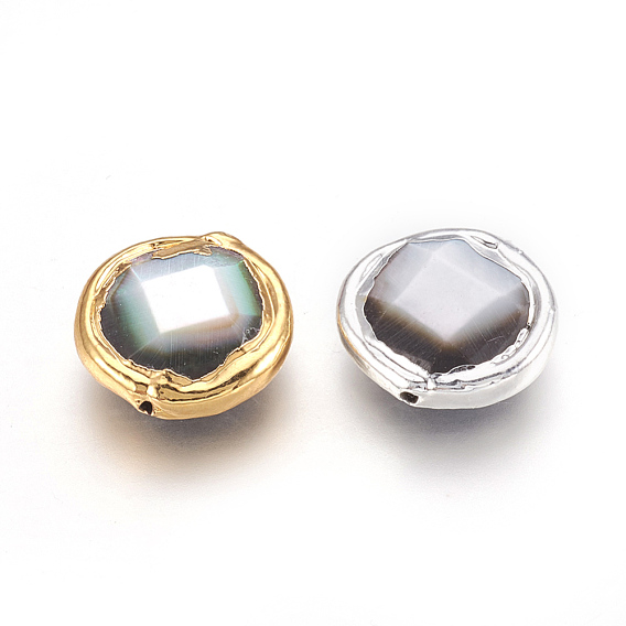 Black Lip Shell Beads, Edge Plated, Faceted, Flat Round