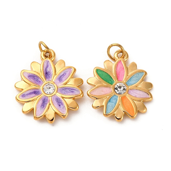 304 нержавеющей стальной эмали подвески, с соединительным кольцом и стразами, ионное покрытие (ip), цветочный шарм, реальный 18 k позолоченный