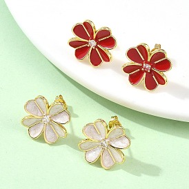 Цветок латунь эмаль серьги стержня, реальный 18 k позолоченный