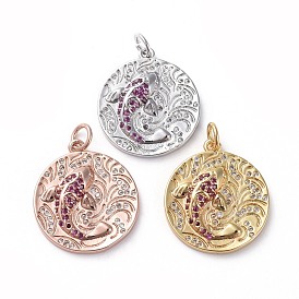 Brass Micro Pave Cubic Zirconia Pendants, Long-Lasting Plated, Real 18K Gold Plated, Flat Round and Fish, Hot Pink