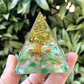 Orgonite Pyramid Resin Energy Generators, Reiki Cat Eye & Natural Peridot Chips Tree of Life for Home Office Desk Decoration