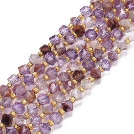 Natural Lodolite Quartz Beads Strands, with Seed Beads, Faceted, Diagonal Cube Beads