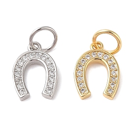 Rack Plating Brass Micro Pave Clear Cubic Zirconia Pendants, Cadmium Free & Lead Free, Long-Lasting Plated, Horse Shoes