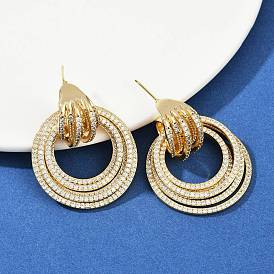 Многослойное кольцо латунные серьги-гвоздики с микропаве из прозрачного кубического циркония, без кадмия и без свинца, стойки покрытие, долговечный