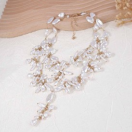 Двухслойные ожерелья-нагрудники из цинкового сплава с пластиковой имитацией жемчуга Кеши для женщин, белые