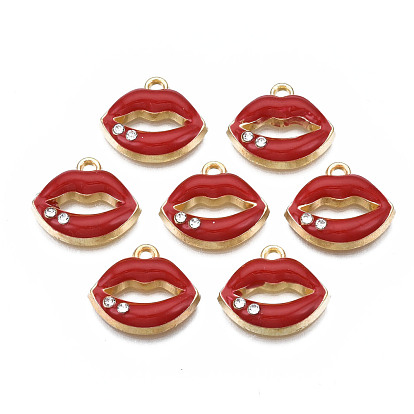 Rack Plating Alloy Enamel Pendants, with Crystal Rhinestone, Cadmium Free & Nickel Free & Lead Free, Lip