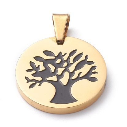 304 Stainless Steel Pendants, with Enamel, Polishing, Flat Round with Tree