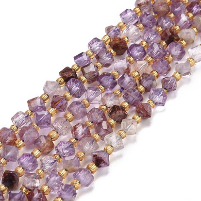 Natural Lodolite Quartz Beads Strands, with Seed Beads, Faceted, Diagonal Cube Beads
