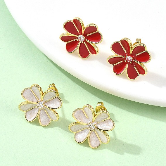 Цветок латунь эмаль серьги стержня, реальный 18 k позолоченный