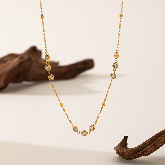 304 Цепочка из нержавеющей стали с плоскими круглыми звеньями, инкрустированная прозрачными кубическими циркониями, для женщин