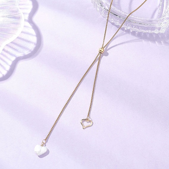 Регулируемый кулон в форме сердца из натурального жемчуга кеши 304 Колье-лариата из нержавеющей стали с цепочкой-коробочкой, кремово-белые