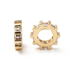Brass Micro Pave Cubic Zirconia European Beads, Large Hole Beads, Real 18K Gold Plated, Gear