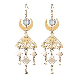 201 Stainless Steel Moth Pendants Dangle Earrings, with Glass and Brass Finding for Women