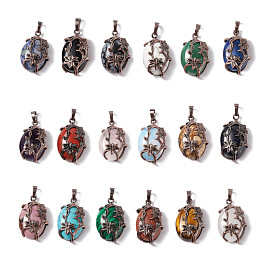 Natural & Synthetic Gemstone Pendants, with Red Copper Tone Brass Findings, Cadmium Free & Lead Free, Oval with Flower Charm