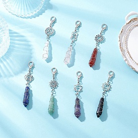 Подвеска-пуля из медной проволоки в виде чакры, натуральный кварцевый кристалл, зеленый авантюрин, розовый кварц, аметист, лазурит, сердолик и обсидиан, с карабин-лобстерами 