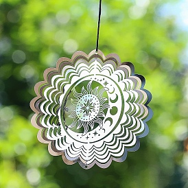 Stainless Steel 3D Wind Spinners, for Outside Yard and Garden Decoration, Flower with Moon & Sun