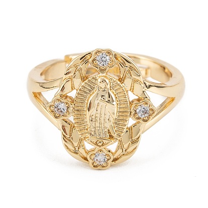 Brass Micro Pave Cubic Zirconia Adjustable Rings, Long-Lasting Plated, Oval with Jesus Pattern