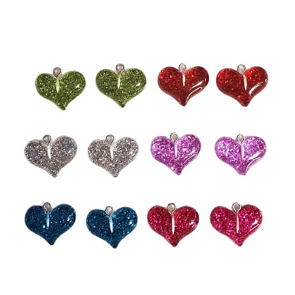 Прозрачные смоляные подвески, сердце, с платиновой железной петлей и пудрой с блестками