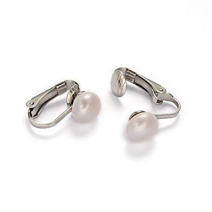 304 Stainless Steel Freshwater Pearl Clip-on Earrings, 16x4x16mm