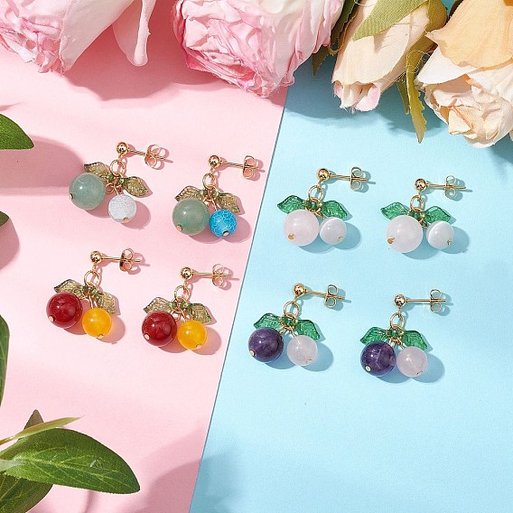 Вишневые серьги-гвоздики из натурального драгоценного камня, с акриловыми и 304 нержавеющими гайками для ушей и 304 нержавеющей сталью фурнитурой для сережек-гвоздиков, золотые