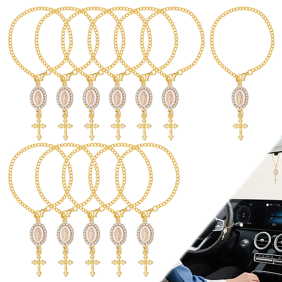 12 Pendentif ovale décoratif en alliage et fer, orné de la Vierge Marie et d'une croix, décoration intérieure de voiture pour rétroviseur intérieur
