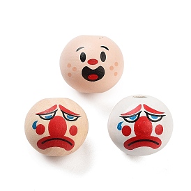 Printed Wood European Beads, Round with Clown Pattern