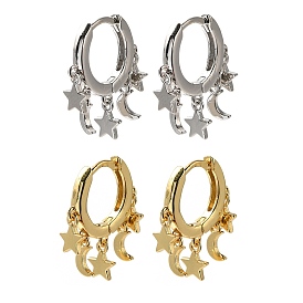 Rack Plating Brass Hoop Earrings, Cadmium Free & Lead Free, Long-Lasting Plated, Star & Moon