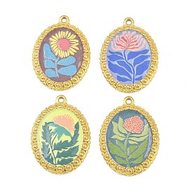 Печатные 304 подвески из нержавеющей стали, овальные с цветочным узором, вакуумное покрытие pvd, реальный 18 k позолоченный