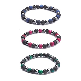 Natural Tiger Eye & Lava Rock & Non-Magnetic Synthetic Hematite Beads Stretch Bracelets Set, Essential Oil Diffuser Bracelets for Girl Women