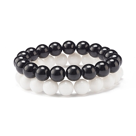 2Pcs 2 Color 10MM Natural Mashan Jade(Dyed) & Malaysia Jade(Dyed) Round Beaded Stretch Bracelets Set, Gemstone Jewelry for Women