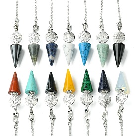 Natural & Synthetic Gemstone Cone Dowsing Pendulum Big Pendants, with Tree of Life Rack Plating Platinum Plated Brass Findings, Cadmium Free & Lead Free