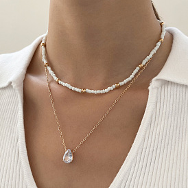 Minimalist Double-Layer Beaded Necklace with Cross Pendant and Water Drop Cubic Zirconia, Fashionable and Unique Collarbone Chain