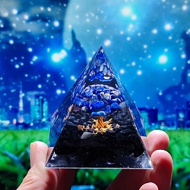 Orgonite Pyramid Resin Display Decorations, with Brass & Natural Lapis Lazuli Chips Tree of Life Inside, for Home Office