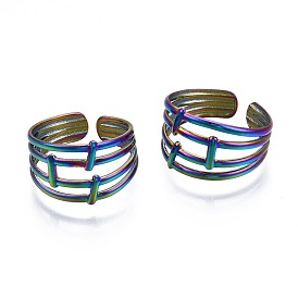 304 Stainless Steel Hollow Wide Cuff Ring, Rainbow Color Open Ring for Women