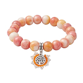 10.5mm Round Opaque Crackle Glass Beaded Stretch Bracelets, Alloy Tree of Life Charm Bracelets