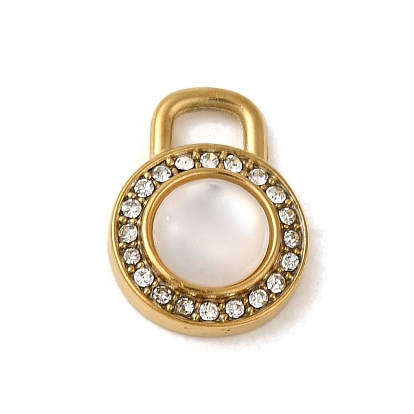 Ion Plating(IP) 304 Stainless Steel Pendants, with Rhinestone and Shell, Flat Round Lock Charm