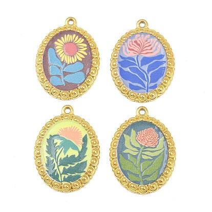 Печатные 304 подвески из нержавеющей стали, овальные с цветочным узором, вакуумное покрытие pvd, реальный 18 k позолоченный