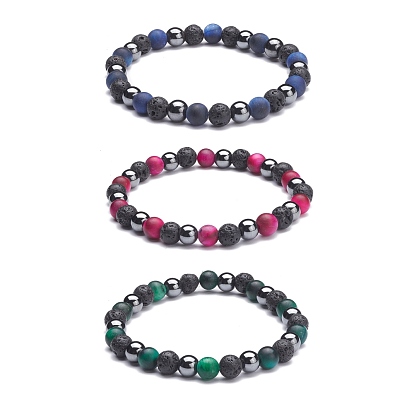 Natural Tiger Eye & Lava Rock & Non-Magnetic Synthetic Hematite Beads Stretch Bracelets Set, Essential Oil Diffuser Bracelets for Girl Women