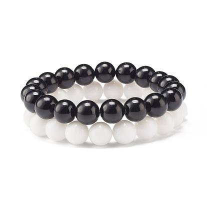 2Pcs 2 Color 10MM Natural Mashan Jade(Dyed) & Malaysia Jade(Dyed) Round Beaded Stretch Bracelets Set, Gemstone Jewelry for Women