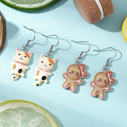 2 пары подвесок из смолы и 304 серьги-подвески из нержавеющей стали для женщин, пряничный человечек в форме кота