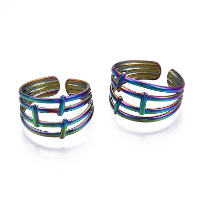 304 Stainless Steel Hollow Wide Cuff Ring, Rainbow Color Open Ring for Women