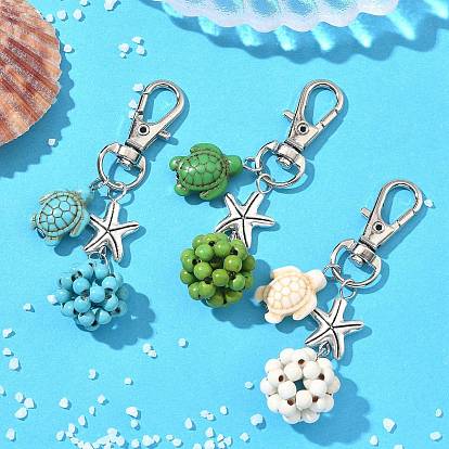 Подвесные украшения из черепахи и круглой синтетической бирюзы, с бусинами из сплава в тибетском стиле в виде морской звезды и поворотными застежками-лобстерами