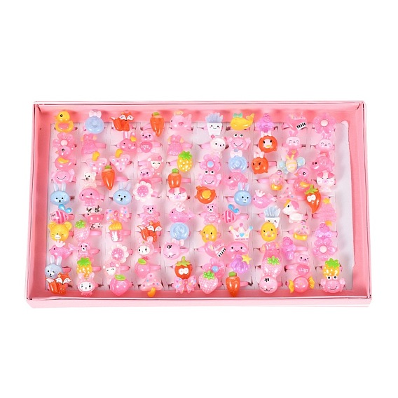 Cute Children's Day Jewelry Plastic Kids Rings for Girls, with Mixed Style Resin Cabochons, 41mm, 100pcs/box