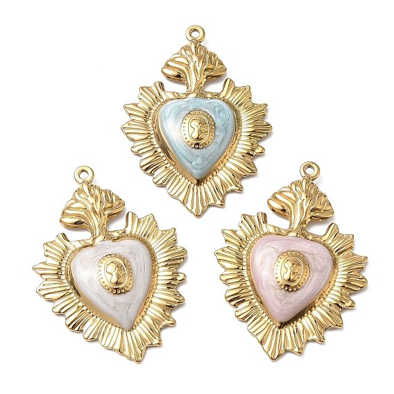 304 colgantes de esmalte de acero inoxidable, encantos del sagrado corazón, revestimiento de iones (ip), dorado