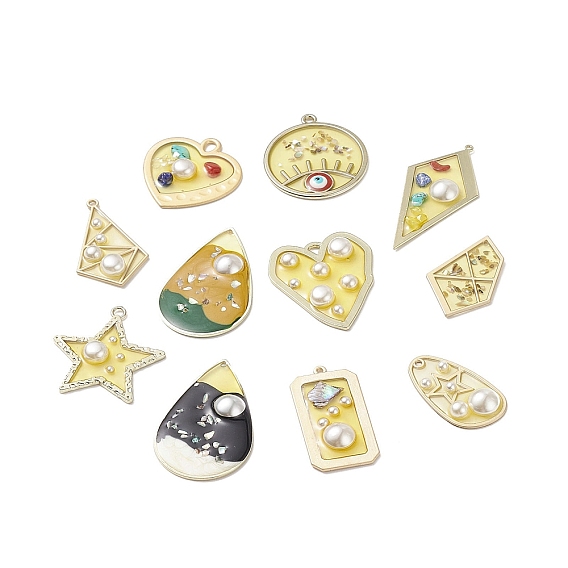 Epoxy Resin Pendants, with Natural & Synthetic Gemstone Chip, Alloy Findings and ABS Plastic Imitation Pearl, Quadrangle & Heart & Star Charm, Mixed Shapes