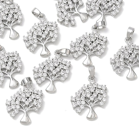 SHEGRACE Brass Clear Cubic Zirconia Pendants, Tree Charms, Cadmium Free & Lead Free & Nickel Free