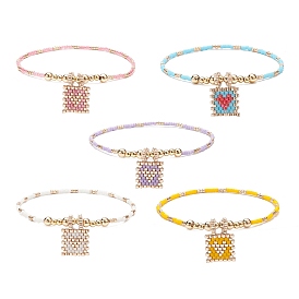 Glass Beaded Stretch Bracelet with Brass Beads, Head Pattern Charm Bracelet for Women