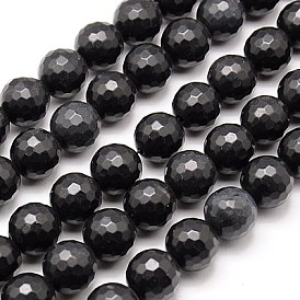 Natural Black Stone Beads Strands, Faceted, Round